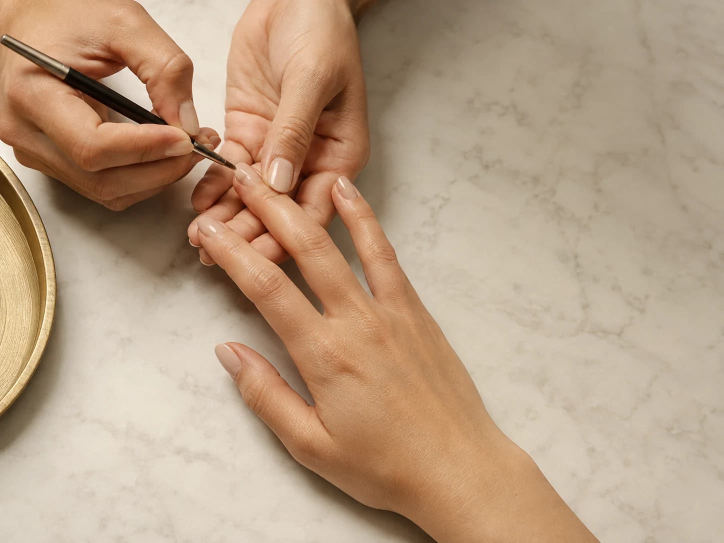 A close overhead view of a manicure in progress on a pale marble surface, a fine brush mid-stroke